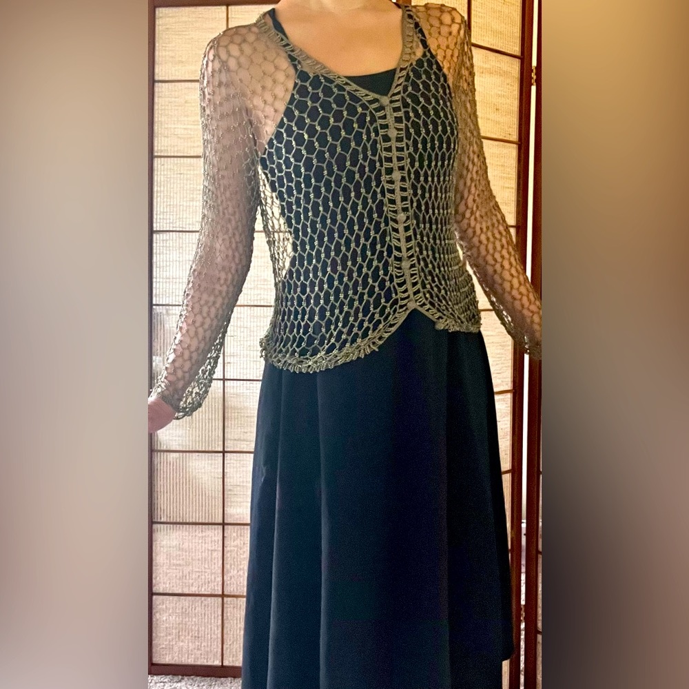 Fina Moda 90s vintage gray gold crocheted beaded open cardigan